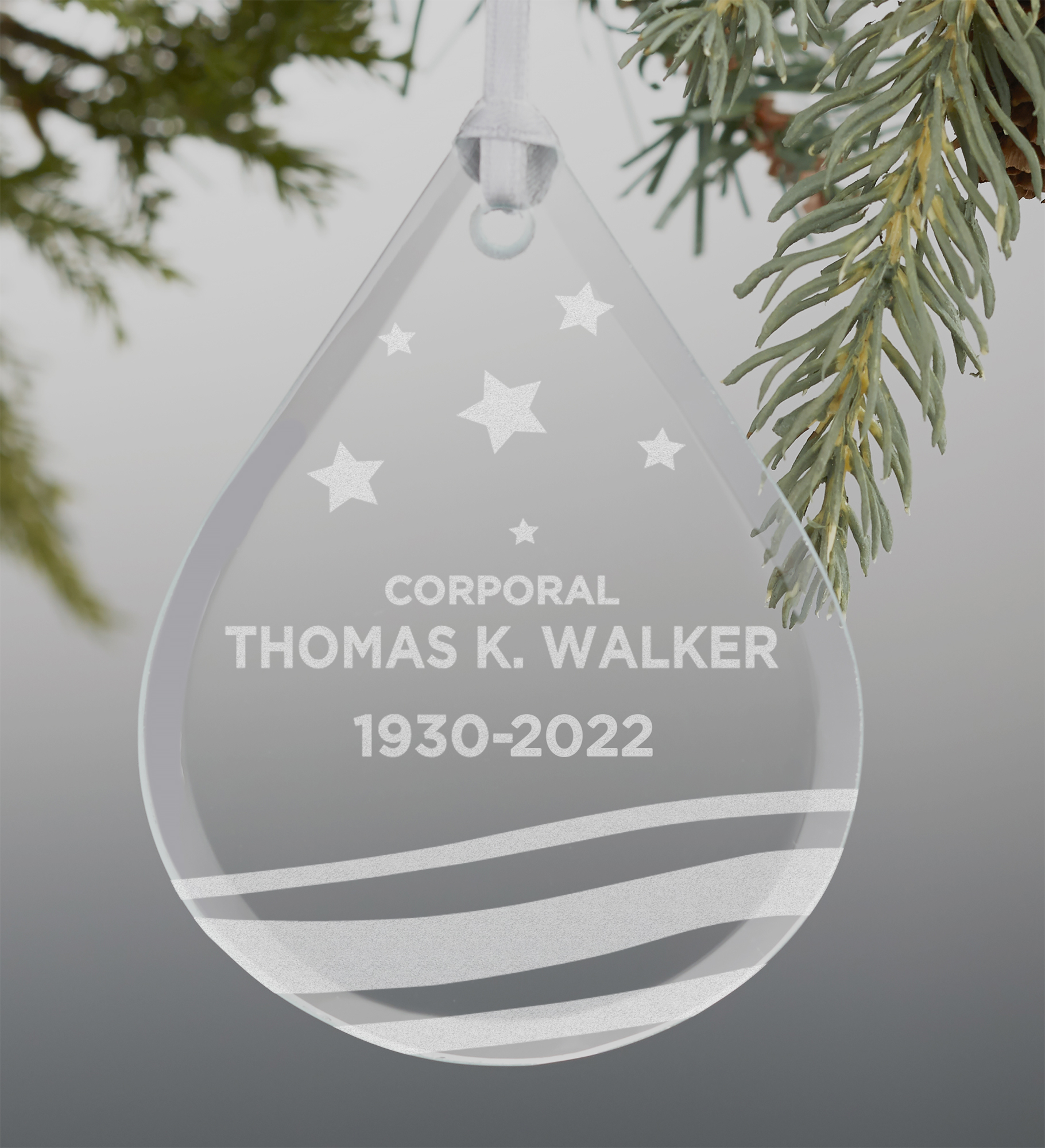 Military Memorial Teardrop Engraved Glass Ornament